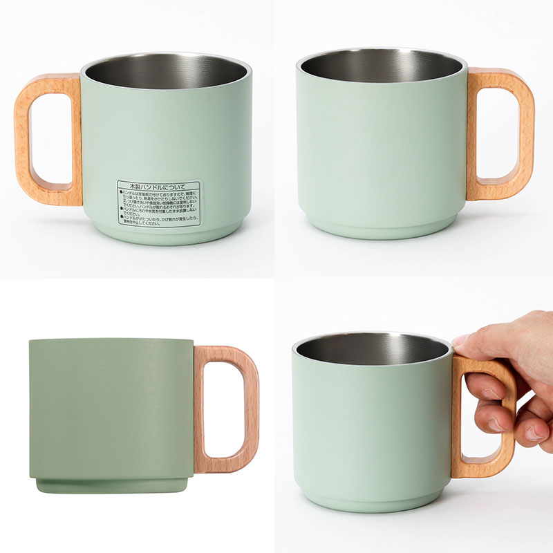 Ca, cốc, ly giữ nhiệt inox Pearl Metal 350ml quai gỗ (Xanh) thương hiệu PEARL METAL