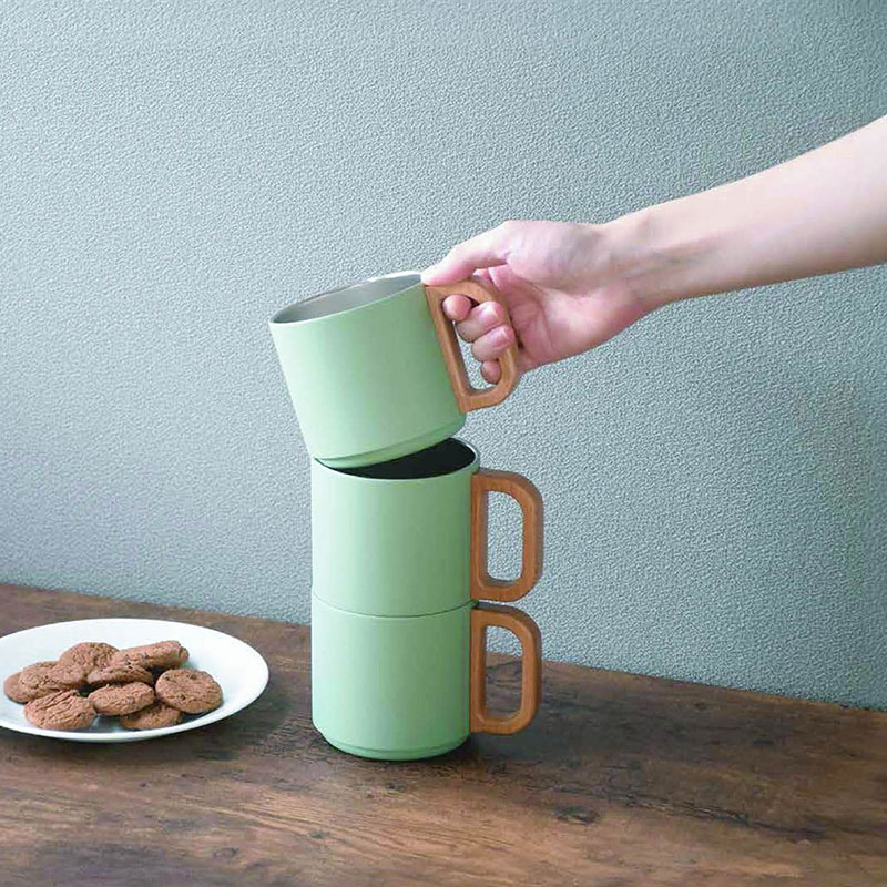 Ca, cốc, ly giữ nhiệt inox Pearl Metal 350ml quai gỗ (Xanh) thương hiệu PEARL METAL