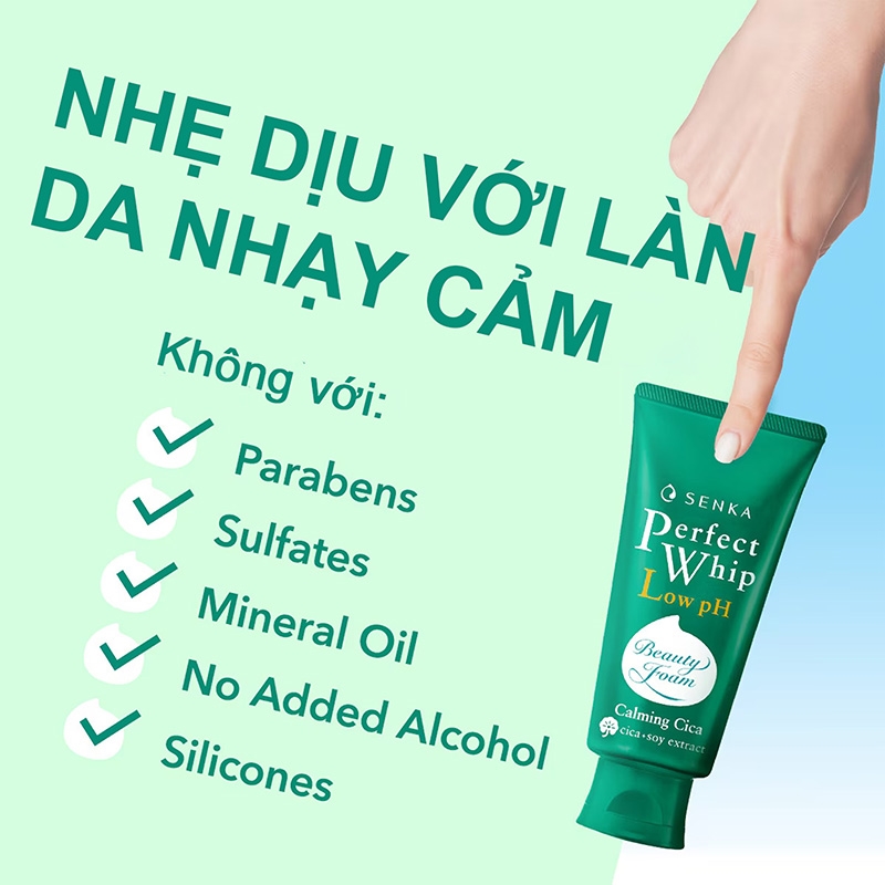 Sữa rửa mặt lành tính mướt mịn Senka Perfect Whip Low PH Calming Cica 100g thương hiệu SENKA