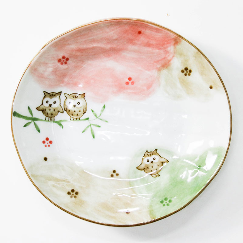 Đĩa sứ Nhật Bản 16.5x15.5cm, Đĩa gốm sứ nông lòng, đĩa gốm sứ cạn lòng, dùng được lò vi sóng (Cú mèo may mắn) thương hiệu DAITOA YOGYO