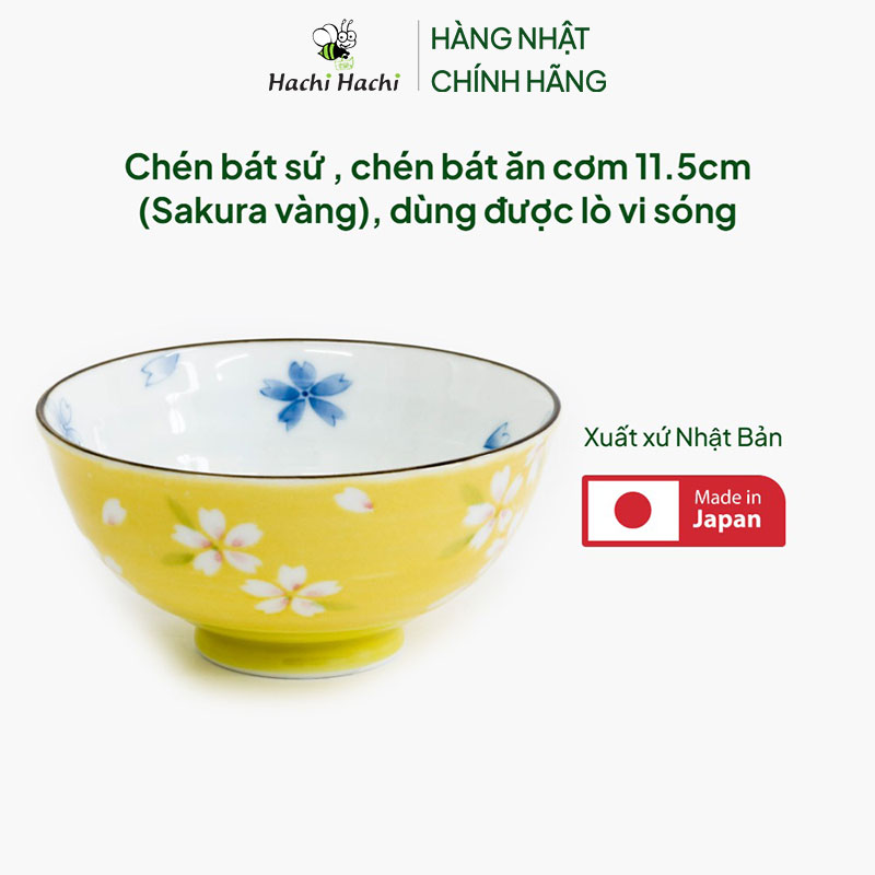 Chén bát sứ Nhật Bản, chén bát ăn cơm 11.5cm (Sakura vàng), dùng được lò vi sóng thương hiệu 