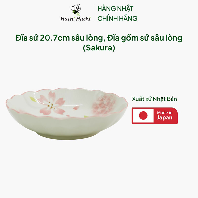 Đĩa sứ Nhật Bản 20.7cm sâu lòng, Đĩa gốm sứ sâu lòng (Sakura) thương hiệu 