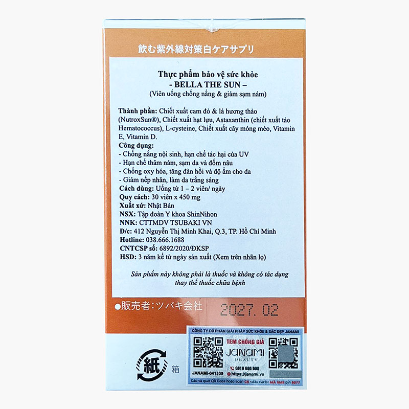 TPBVSK: Viên uống Bella The Sun Nhật Bản 30 viên, hỗ trợ chống oxy hóa, giảm sạm nám, đẹp da thương hiệu 