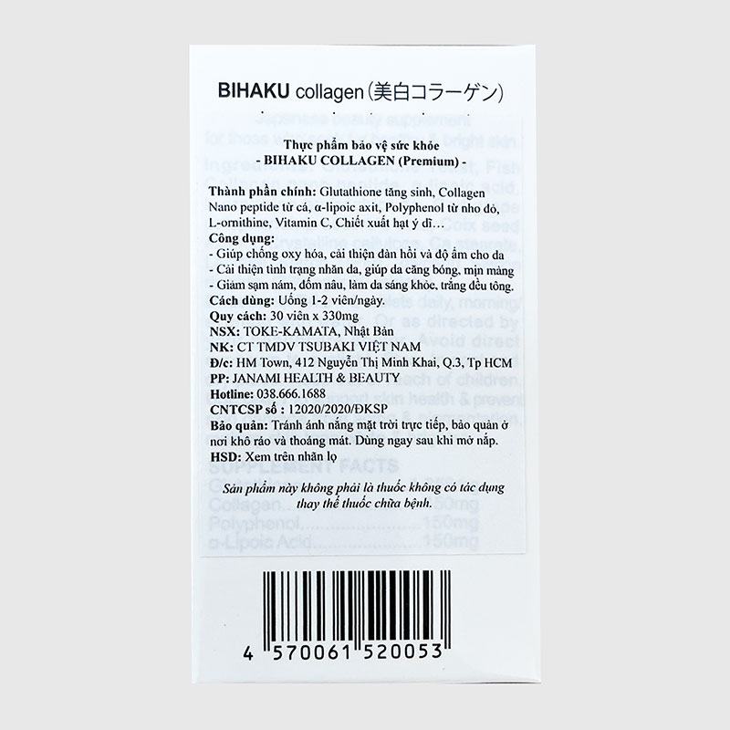 TPBVSK: Viên uống Bihaku Collagen Nhật Bản 30 viên, chống Oxi hóa, cải thiện nếp nhăn, da sáng khỏe thương hiệu 