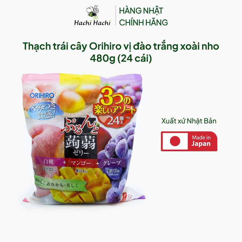 Thạch trái cây Orihiro vị đào trắng xoài nho 480g (24 cái) thương hiệu ORIHIRO