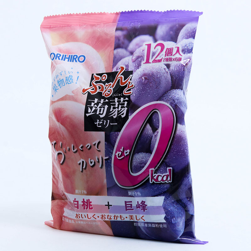 Thạch trái cây Orihiro 0kcal vị đào trắng và nho tím 216g (18gx12 cái) thương hiệu ORIHIRO