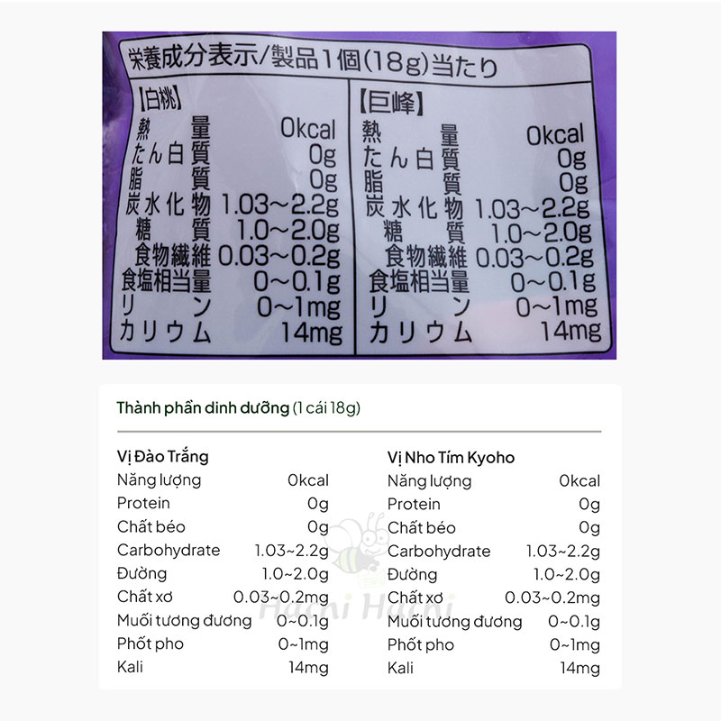 Thạch trái cây Orihiro 0kcal vị đào trắng và nho tím 216g (18gx12 cái) thương hiệu ORIHIRO