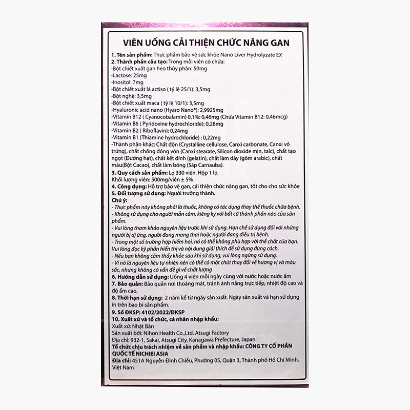 TPBVSK: Viên uống Nano Liver Hydrolyzate EX Nhật Bản 330 viên, bảo vệ, cải thiện chức năng gan thương hiệu 