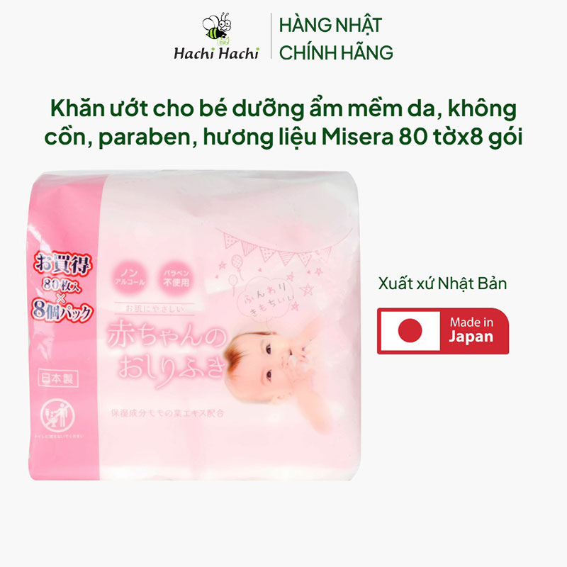 Khăn ướt cho bé Nhật Bản dưỡng ẩm mềm da, không cồn, paraben, hương liệu Misera 80 tờx8 gói thương hiệu 