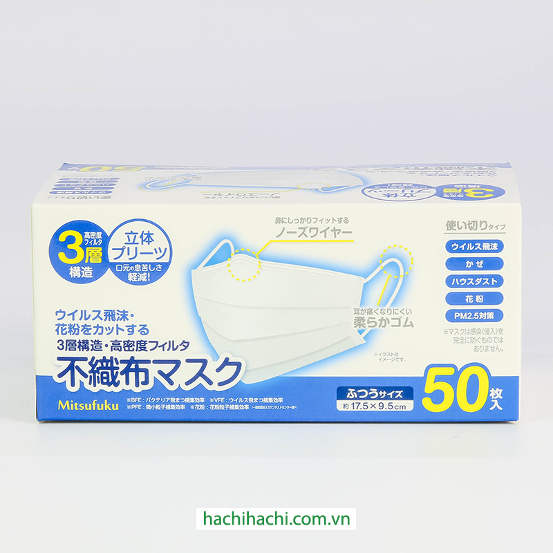 Khẩu trang chống bụi, vi khuẩn, virus >95% 3D 3 lớp Bitoway (50 cái - Trắng) thương hiệu 