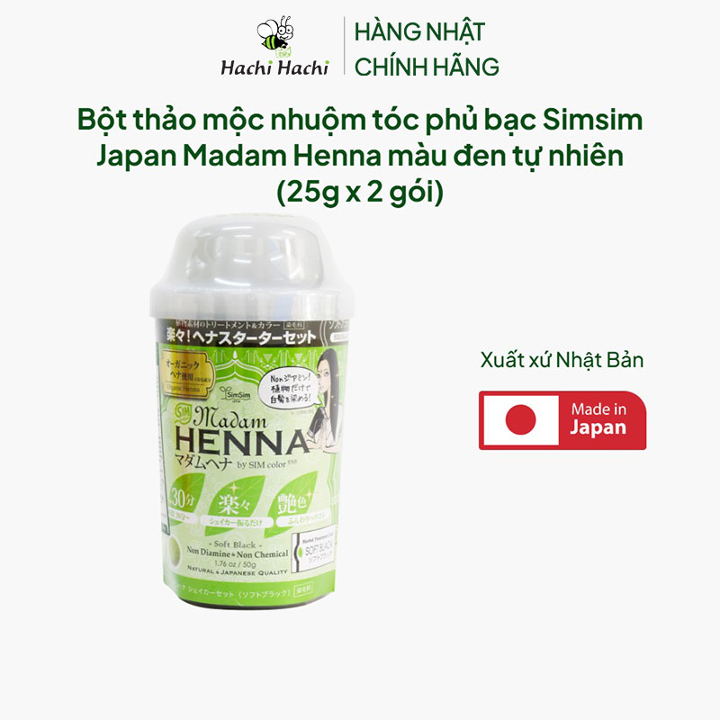 Bột thảo mộc nhuộm tóc phủ bạc Simsim Japan Madam Henna màu đen tự nhiên  (25g x 2 gói) thương hiệu 