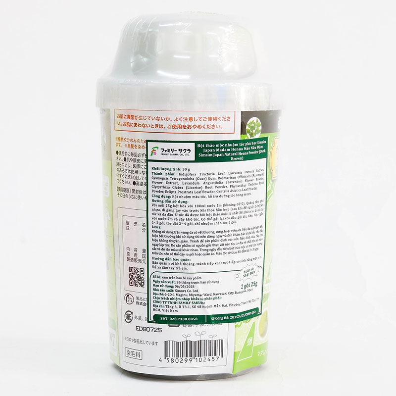 Bột thảo mộc nhuộm tóc phủ bạc Simsim Japan Madam Henna màu nâu đen (25g x 2 gói) thương hiệu 