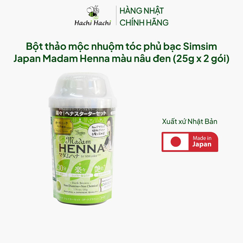 Bột thảo mộc nhuộm tóc phủ bạc Simsim Japan Madam Henna màu nâu đen (25g x 2 gói) thương hiệu 