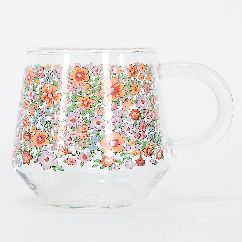 Ly thủy tinh chịu nhiệt có quai 400ml Hoa nhỏ, dùng được lò vi sóng. thương hiệu SHINANO