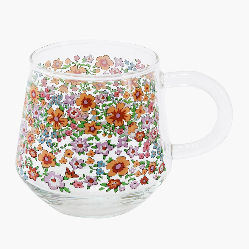 Ly thủy tinh chịu nhiệt có quai 400ml Hoa nhỏ, dùng được lò vi sóng.