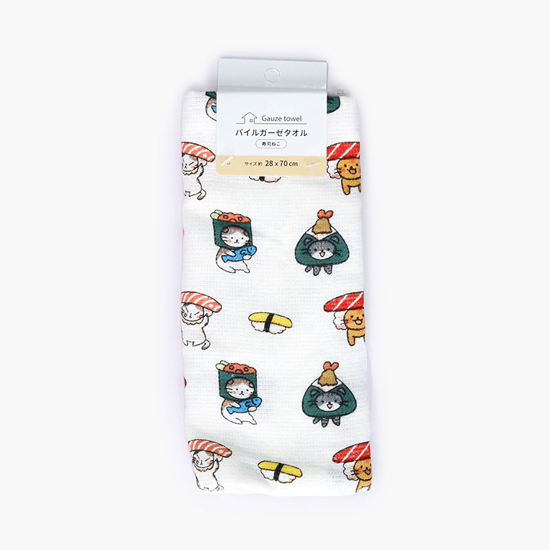 Khăn vải cotton mềm mại hình Sushi & mèo 28x70cm