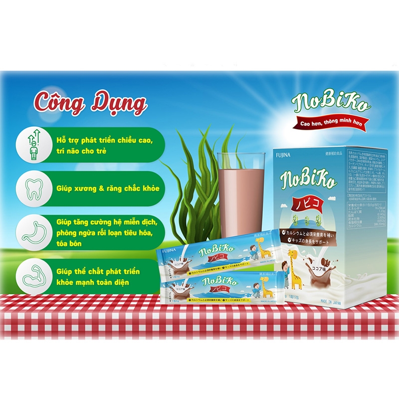 TPBVSK: Sữa tăng chiều cao cho bé Nobiko vị cacao 5gx15 gói thương hiệu FUJINA