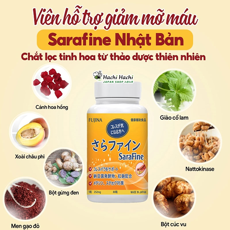 TPBVSK: Viên uống Sarafine Nhật Bản 80 viên, hỗ trợ giảm cholesterol, nguy cơ xơ vữa mạch máu thương hiệu FUJINA