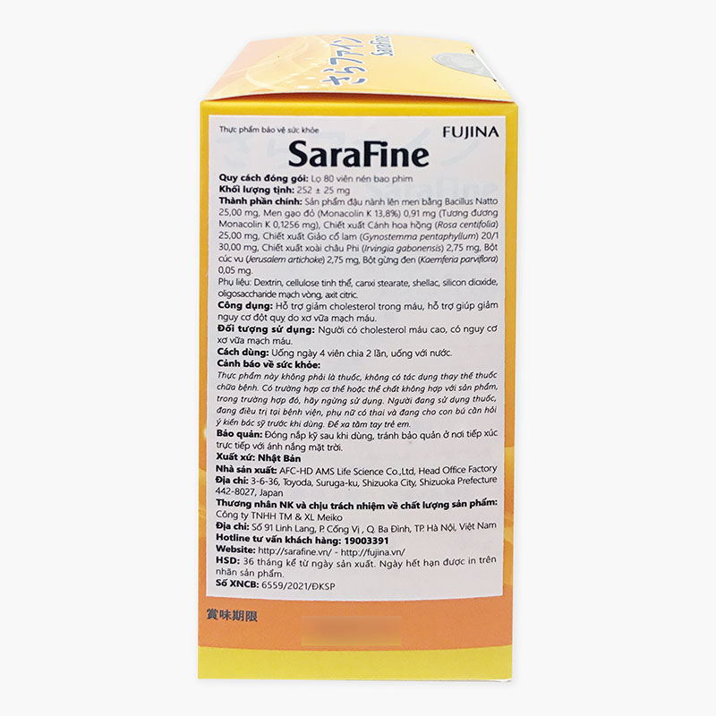 TPBVSK: Viên uống Sarafine Nhật Bản 80 viên, hỗ trợ giảm cholesterol, nguy cơ xơ vữa mạch máu thương hiệu FUJINA