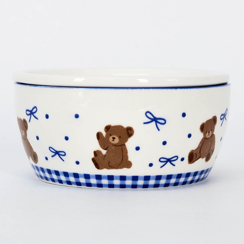 Hộp sứ đựng thức ăn 12.5cm hình gấu & nơ (Xanh), dùng được lò vi sóng thương hiệu SHINANO