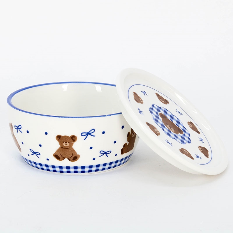 Hộp sứ đựng thức ăn 12.5cm hình gấu & nơ (Xanh), dùng được lò vi sóng thương hiệu SHINANO