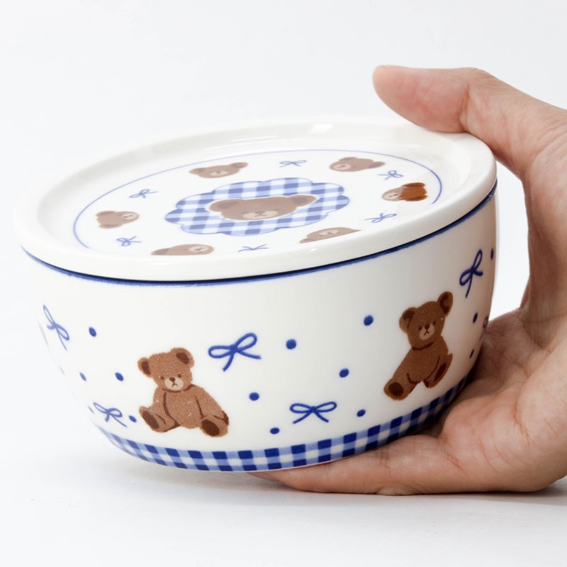 Hộp sứ đựng thức ăn 12.5cm hình gấu & nơ (Xanh), dùng được lò vi sóng thương hiệu SHINANO