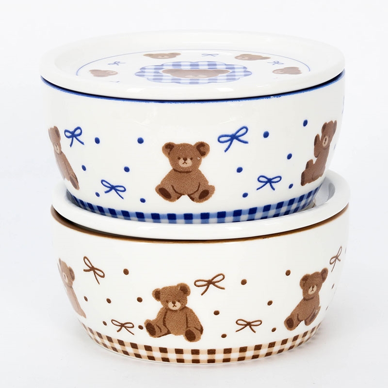 Hộp sứ đựng thức ăn 12.5cm hình gấu & nơ (Xanh), dùng được lò vi sóng thương hiệu SHINANO