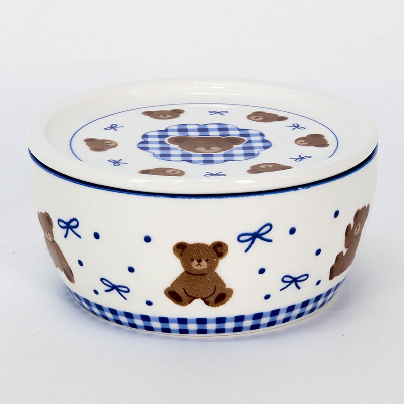 Hộp sứ đựng thức ăn 12.5cm hình gấu & nơ (Xanh), dùng được lò vi sóng