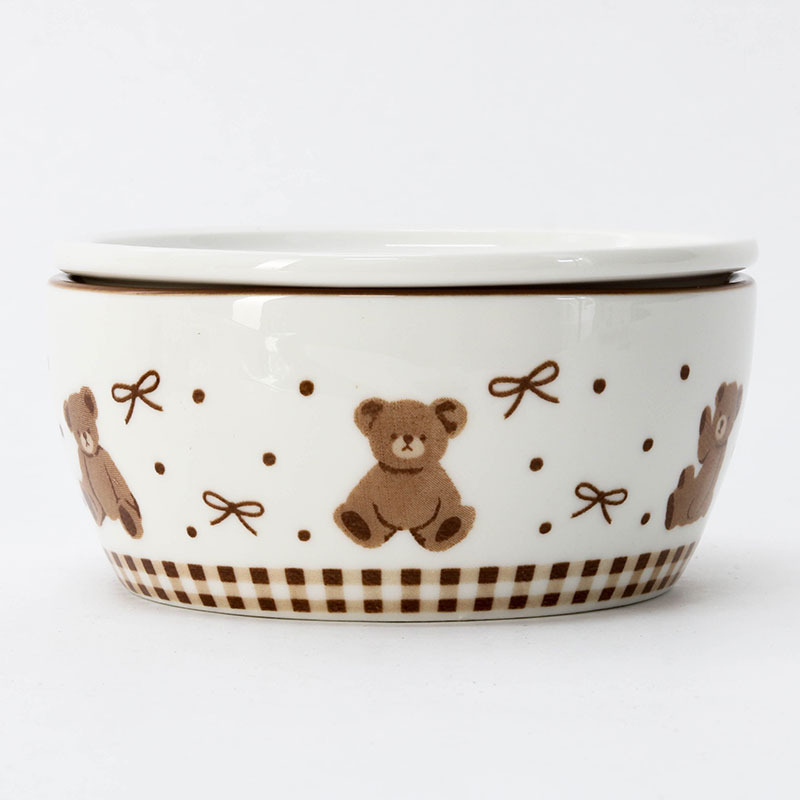 Hộp sứ đựng thức ăn 12.5cm hình gấu & nơ (Nâu), dùng được lò vi sóng thương hiệu SHINANO