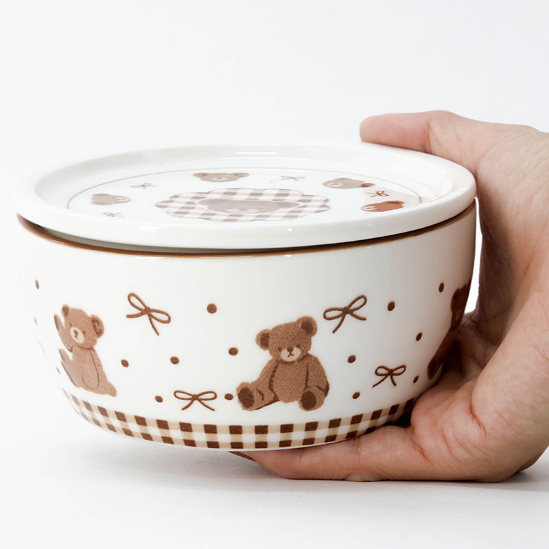 Hộp sứ đựng thức ăn 12.5cm hình gấu & nơ (Nâu), dùng được lò vi sóng thương hiệu SHINANO