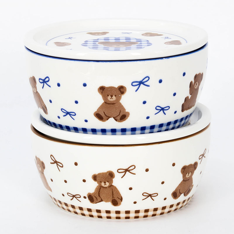 Hộp sứ đựng thức ăn 12.5cm hình gấu & nơ (Nâu), dùng được lò vi sóng thương hiệu SHINANO