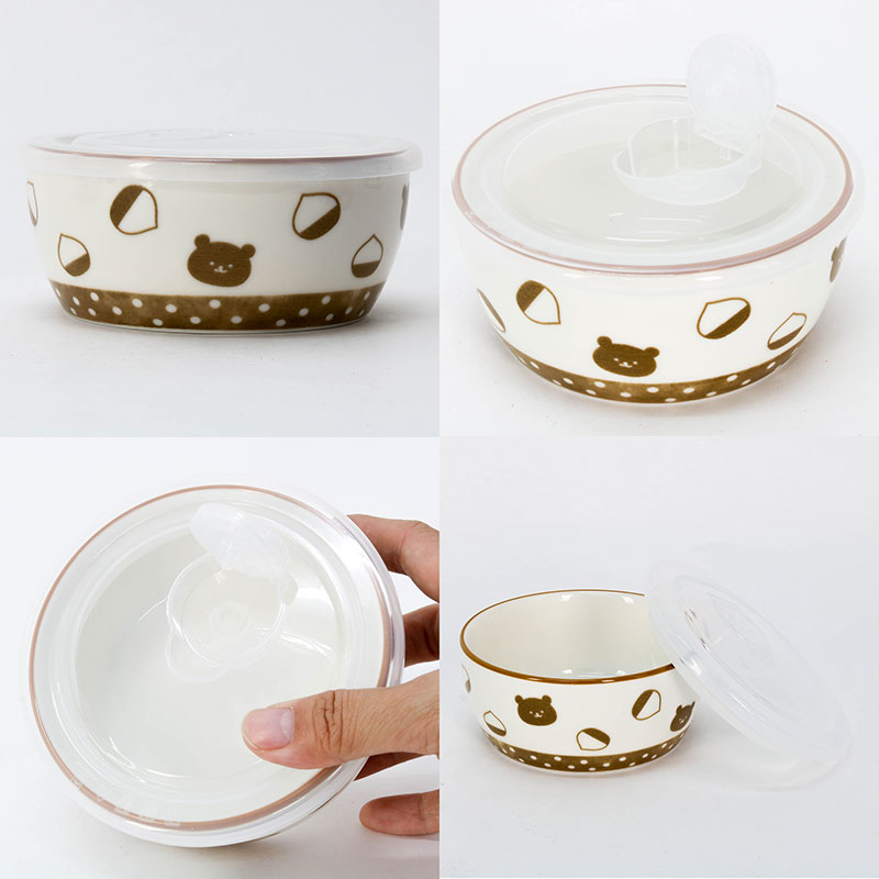 Hộp sứ đựng thức ăn 11cm hình gấu & hạt dẻ, dùng được lò vi sóng thương hiệu SHINANO