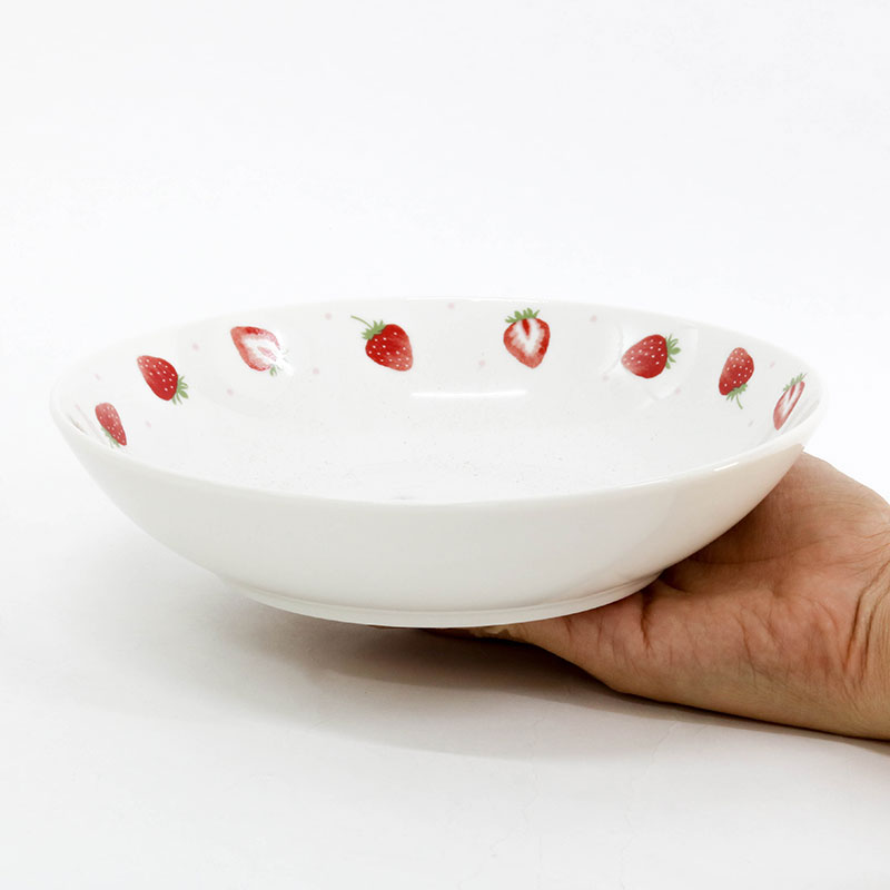 Đĩa sứ 19.5cm, Đĩa gốm sứ nông lòng, đĩa gốm sứ cạn lòng (Hình dâu tây) thương hiệu SHINANO