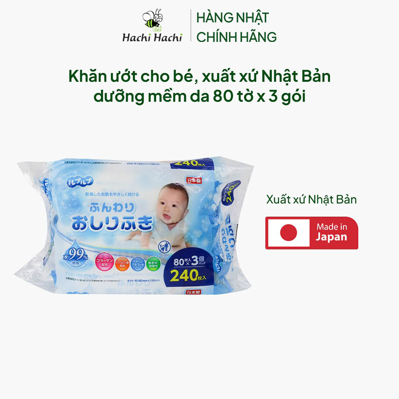 Khăn ướt cho bé, xuất xứ Nhật Bản dưỡng mềm da 80 tờ x 3 gói thương hiệu LIFE DO