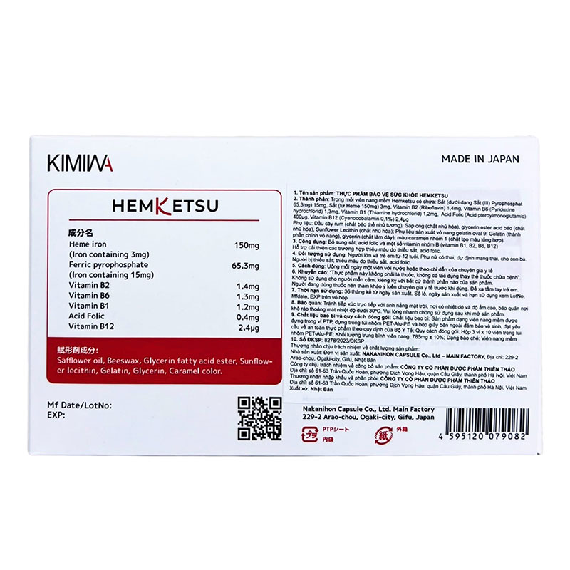 TPBVSK: Viên uống Hemketsu Nhật Bản 3 vỉx10 viên, bổ sung sắt,  acid folic, Vit. B, cải thiện thiếu máu thương hiệu 
