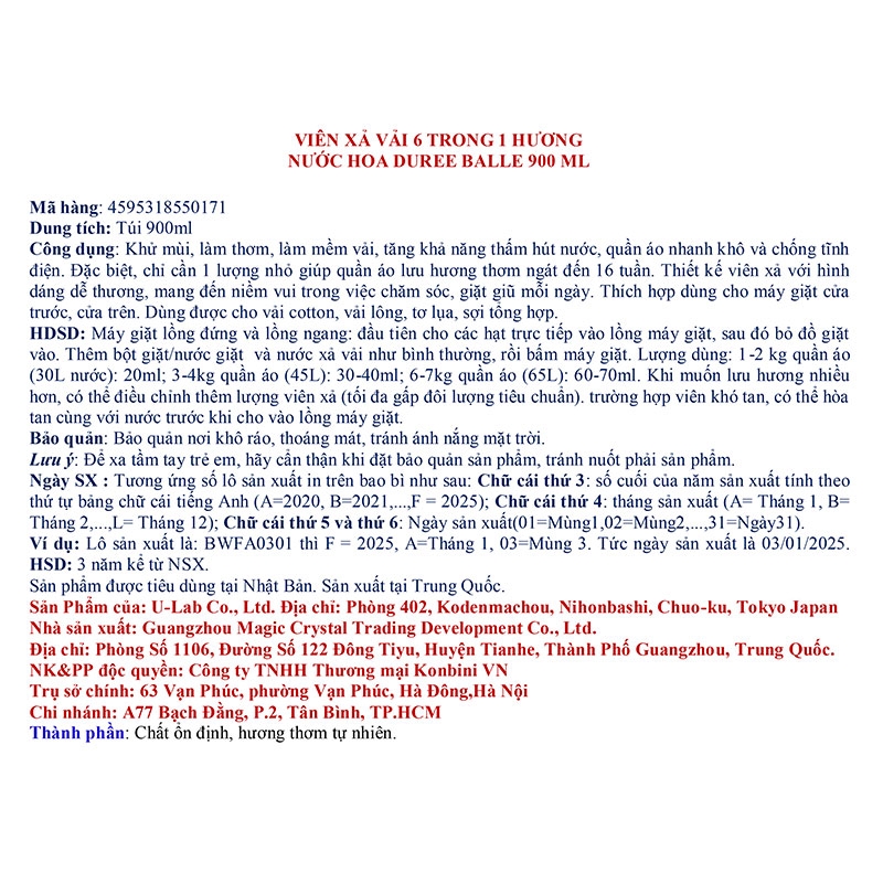 Viên xả vải 6 trong 1 hương nước hoa Duree Balle 900ml, Khử mùi, lưu hương dài lâu thương hiệu DUREE BALLE