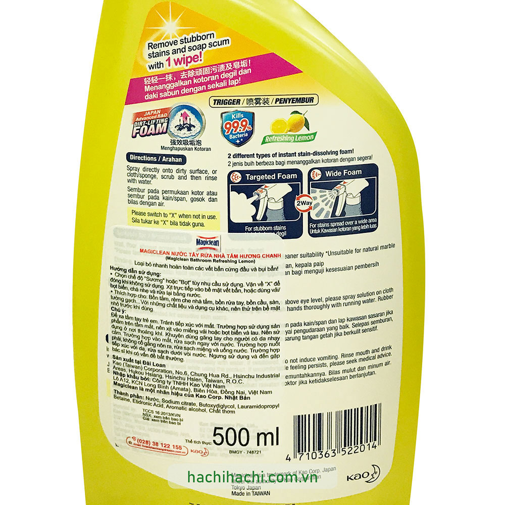 Nước tẩy rửa nhà tắm hương chanh Magiclean 500ml Diệt 99,9% vi khuẩn thương hiệu KAO