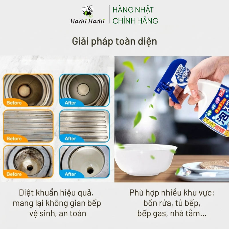 Xịt tẩy trắng vật dụng nhà bếp dạng bọt Lion 400g Chống khuẩn, khử mùi thương hiệu LION CHEMICAL