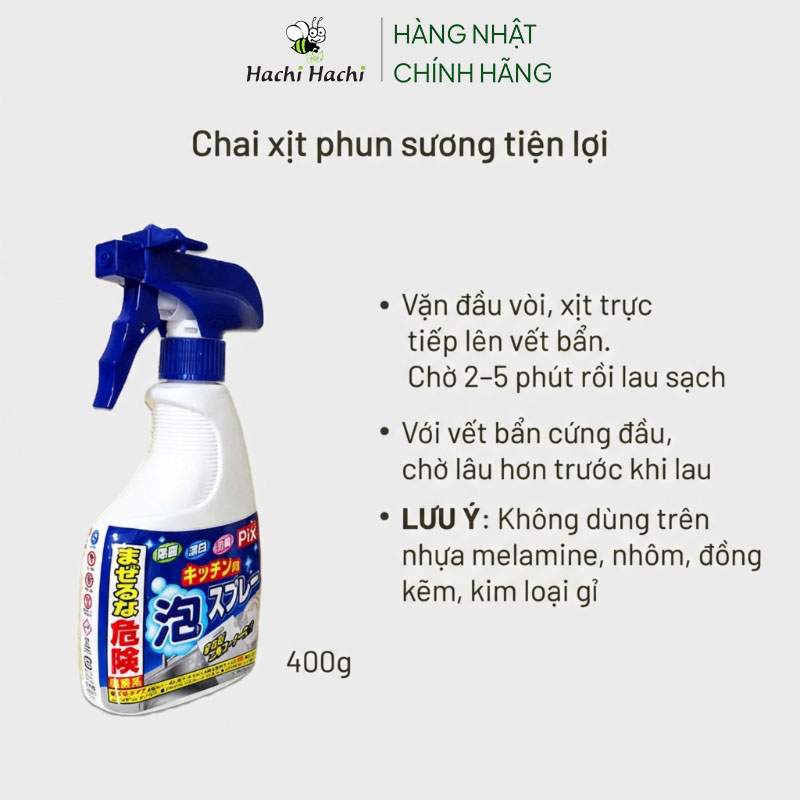 Xịt tẩy trắng vật dụng nhà bếp dạng bọt Lion 400g Chống khuẩn, khử mùi thương hiệu LION CHEMICAL