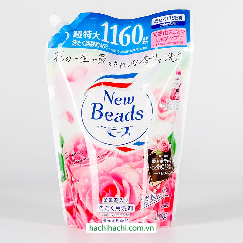 Nước giặt xả tẩy vết bẩn, khử mùi quần áo Kao New Beads hương hoa hồng mộc lan túi 1.16kg thương hiệu KAO