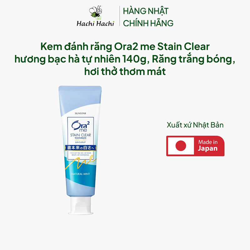 Kem đánh răng Nhật Bản Ora2 me Stain Clear hương bạc hà tự nhiên 140g, Răng trắng bóng, hơi thở thơm mát thương hiệu SUNSTAR