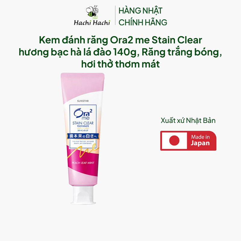 Kem đánh răng Nhật Bản Ora2 me Stain Clear hương bạc hà lá đào 140g, Răng trắng bóng, hơi thở thơm mát thương hiệu SUNSTAR