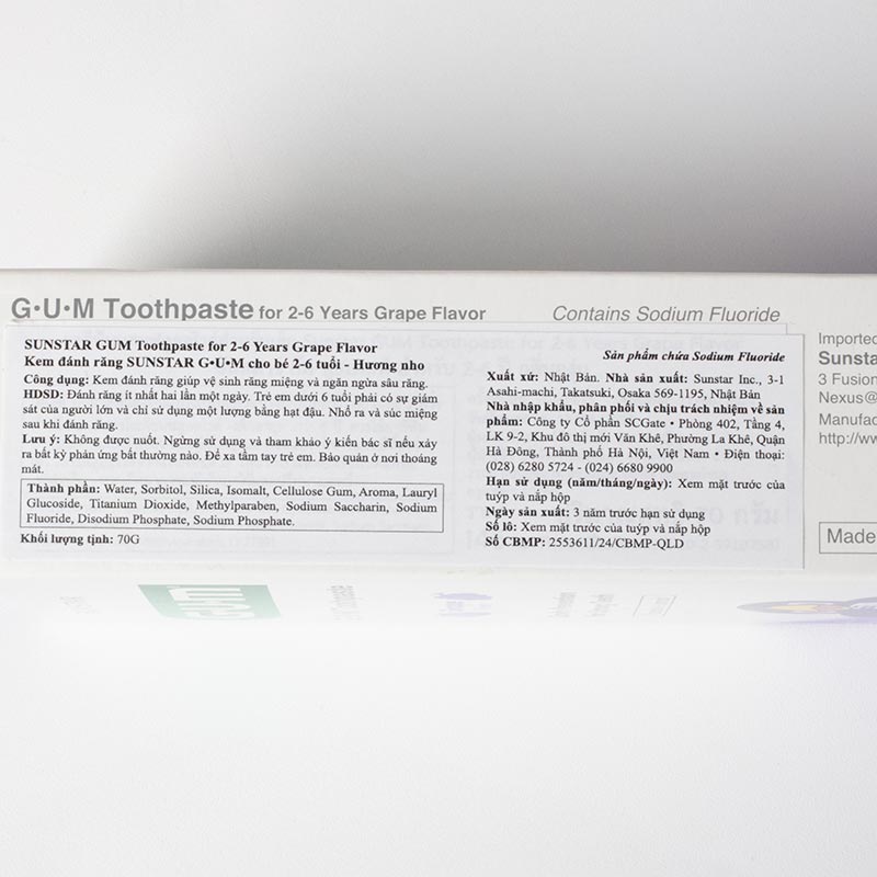 Kem đánh răng cho bé 2-6 tuổi Nhật Bản Sunstar Gum Kids 70g, hương nho, ngừa sâu răng vượt trội thương hiệu SUNSTAR
