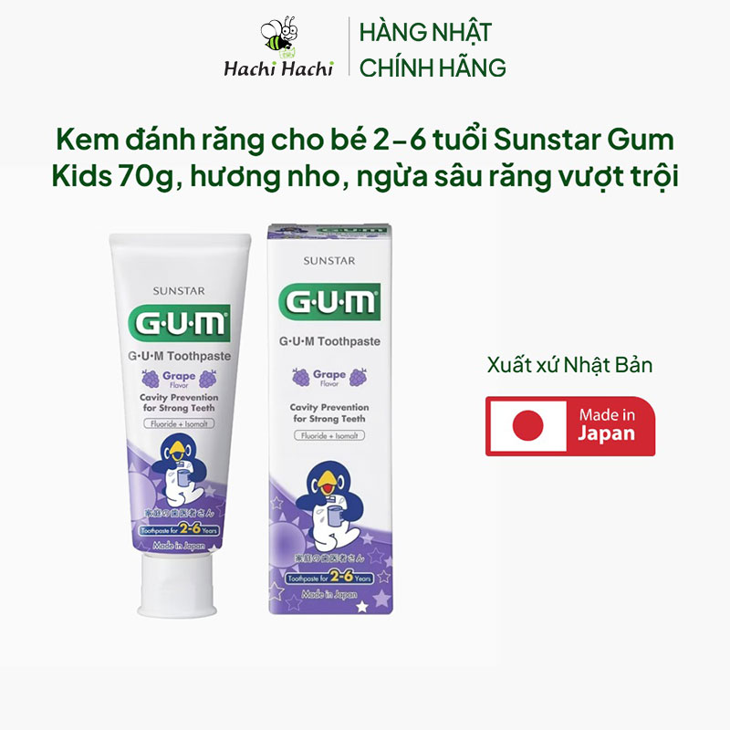 Kem đánh răng cho bé 2-6 tuổi Nhật Bản Sunstar Gum Kids 70g, hương nho, ngừa sâu răng vượt trội thương hiệu SUNSTAR
