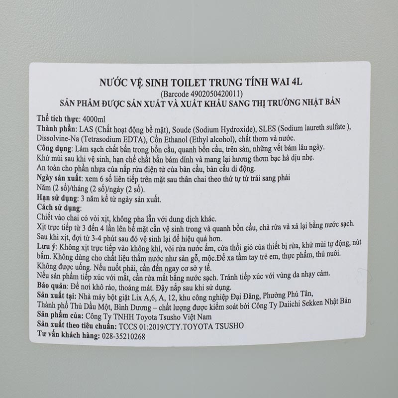 Nước vệ sinh toilet trung tính Wai 4L  thương hiệu TOYOTA TSUSHO