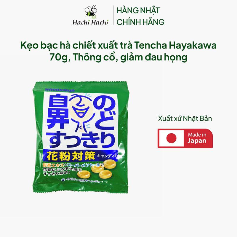 Kẹo bạc hà chiết xuất trà Tencha Hayakawa 70g, Thông cổ, giảm đau họng thương hiệu HAYAKAWA
