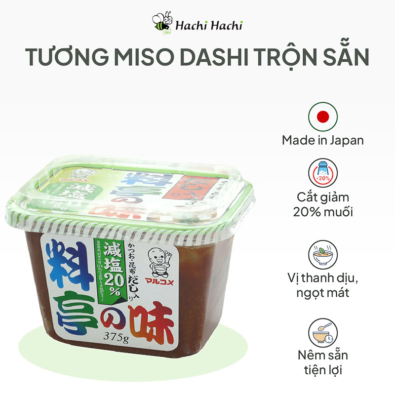 Tương Miso Dashi, đậu tương lên men trộn sẵn Marukome Nhật Bản (Cắt giảm 20% muối) 375g thương hiệu MARUKOME