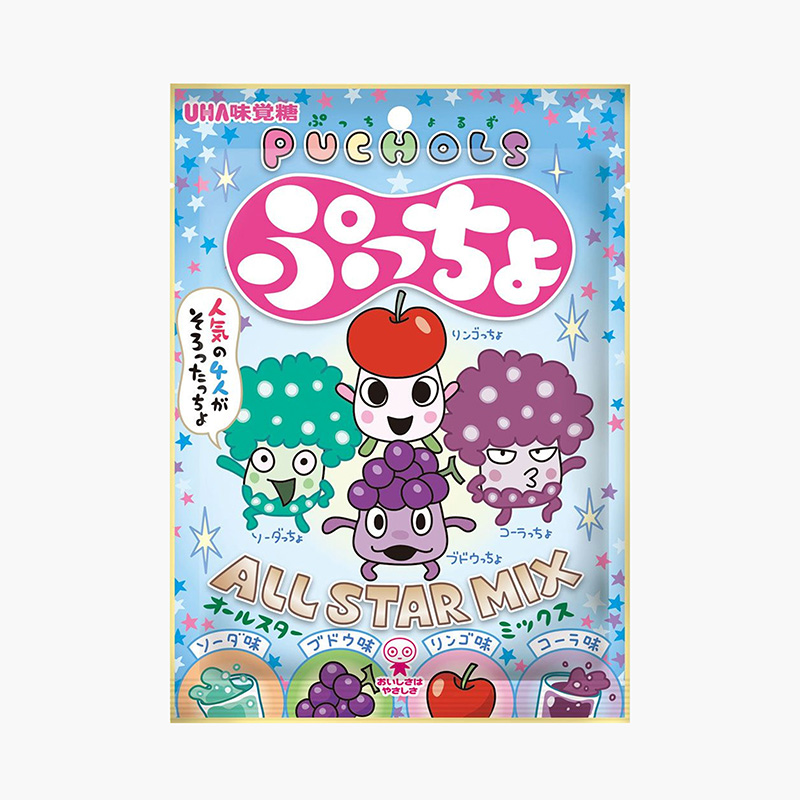 Kẹo dẻo có nhân nhiều vị UHA Puchols All Star Mix 4 vị 88g
