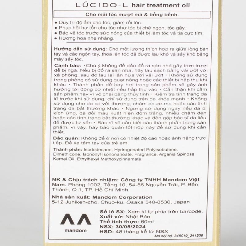 Tinh dầu dưỡng tóc mềm mại, bóng mượt và nhẹ nhàng Nhật Bản LÚCIDO-L 60ml thương hiệu 