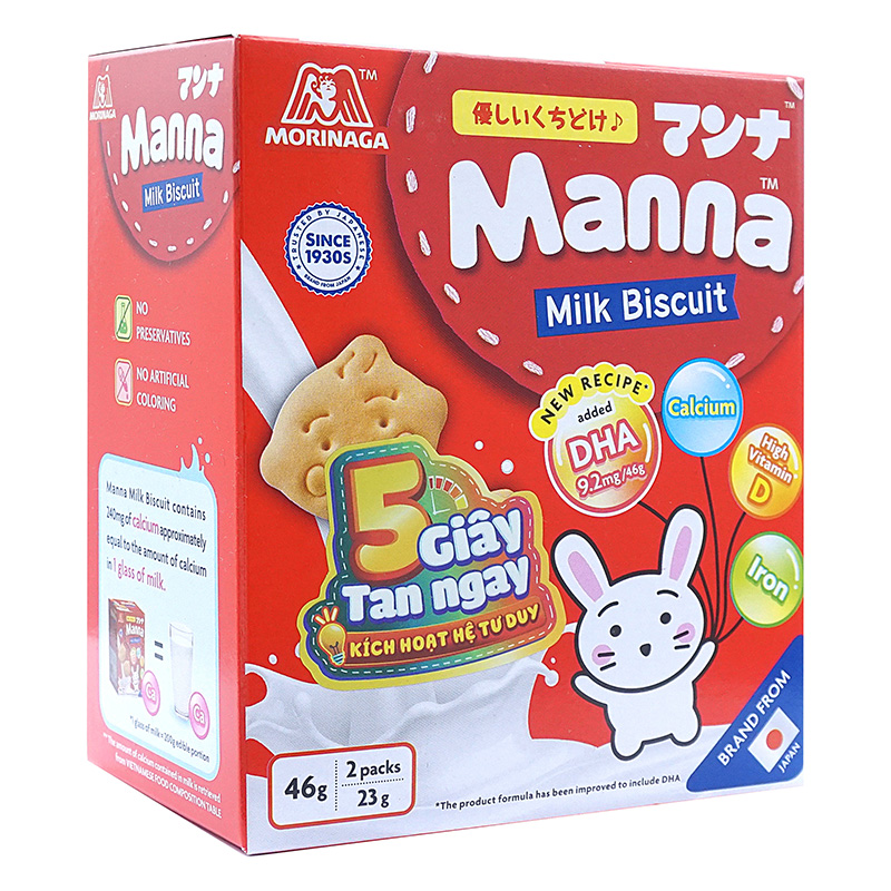 Bánh quy sữa Manna-Manna Milk Biscuit 46g (23g x 2 gói), bổ sung DHA, Canxi, Vit.D, sắt thương hiệu MORINAGA